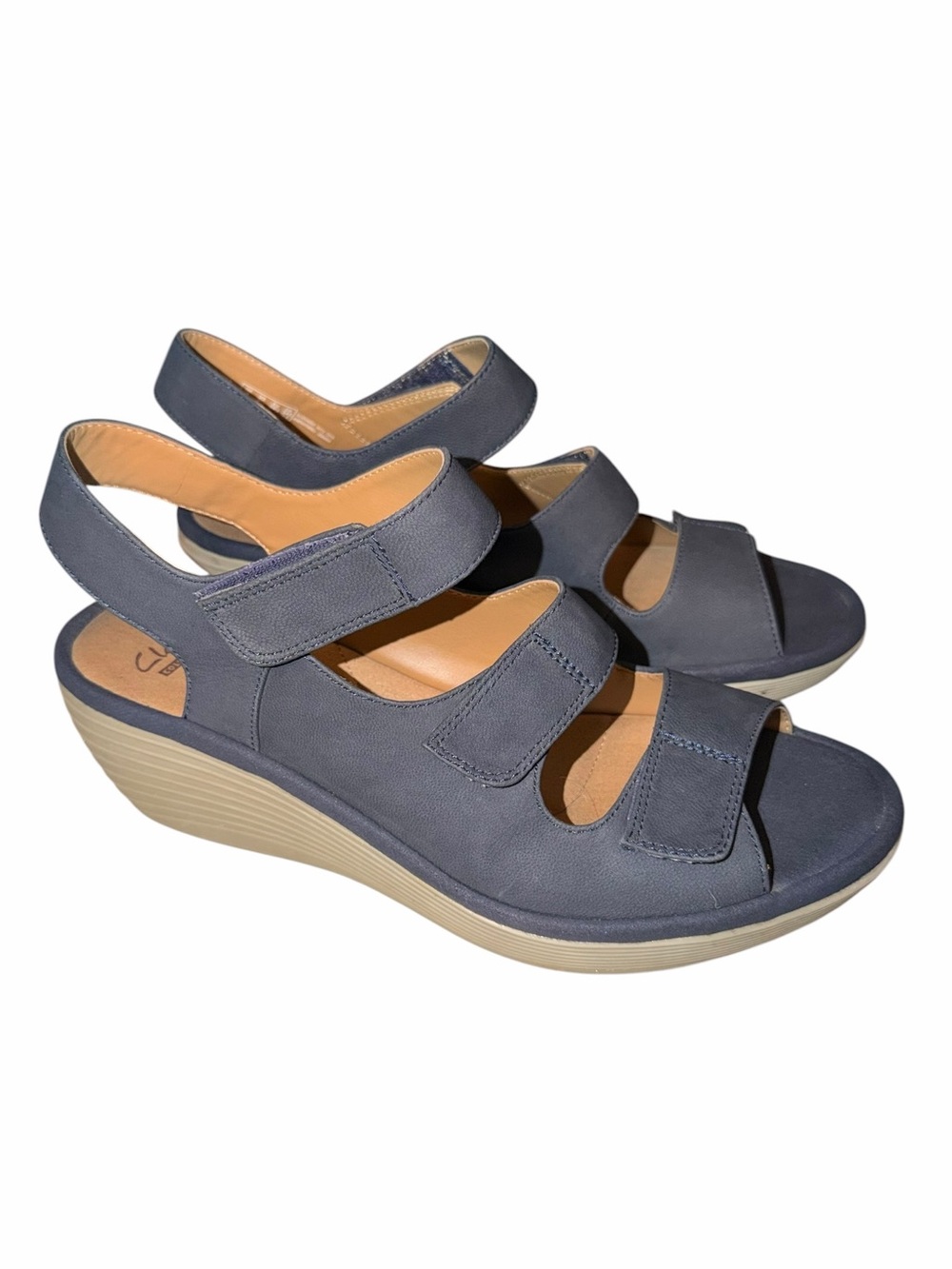 Clarks Reedly Juno Navy Nubuck Platform Wedge Comfort Soft Cushion Sandals 8.5 - Picture 1 of 10
